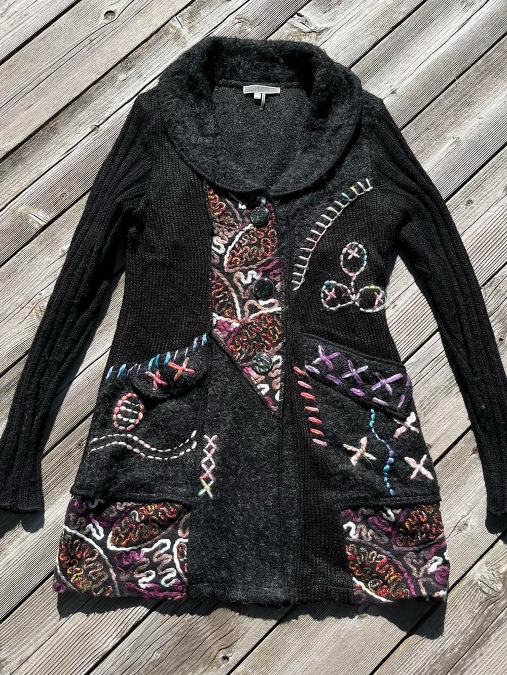 Liquid by Sioni black/multi stitched longline cardigan
